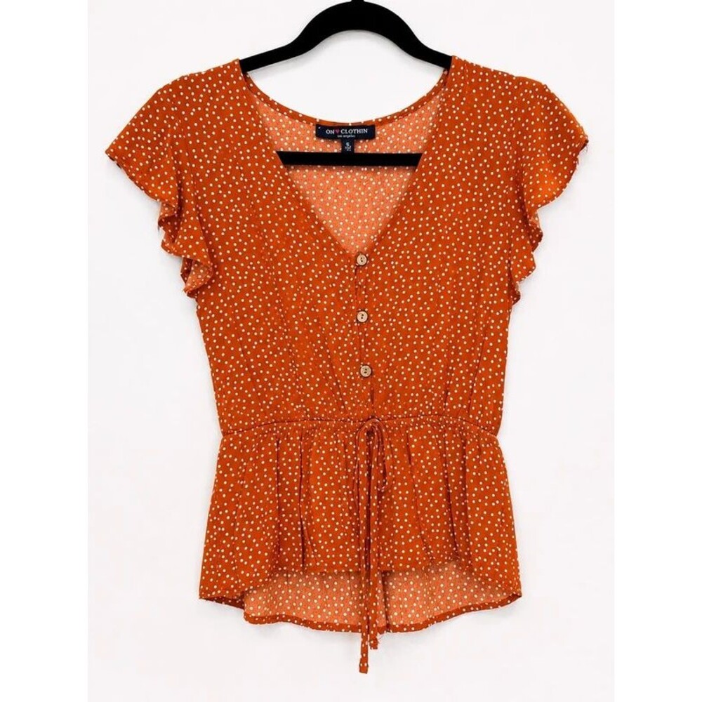 One Clothing Rust Polka Dot Peplum Blouse | Small